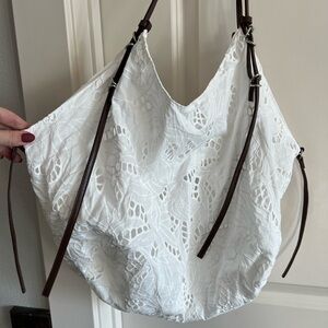 Zara white cotton beach bag with eyelet detail and faux leather straps
